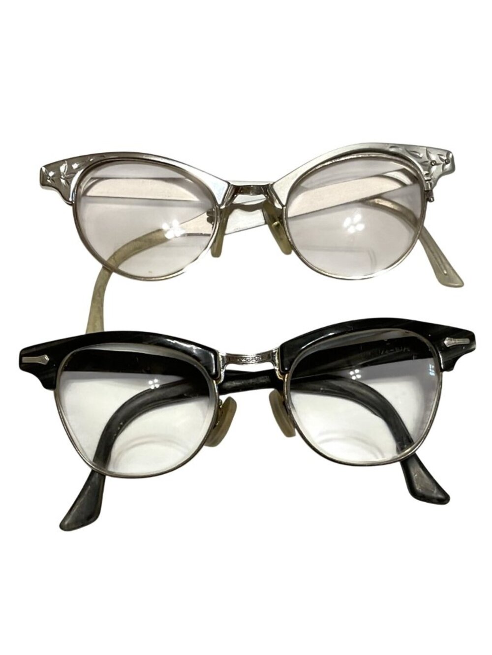 Vtg 1950s Cat Eye Horn Rimmed Eyeglasses Pair Of 2 Silver & Black Frames Women’s